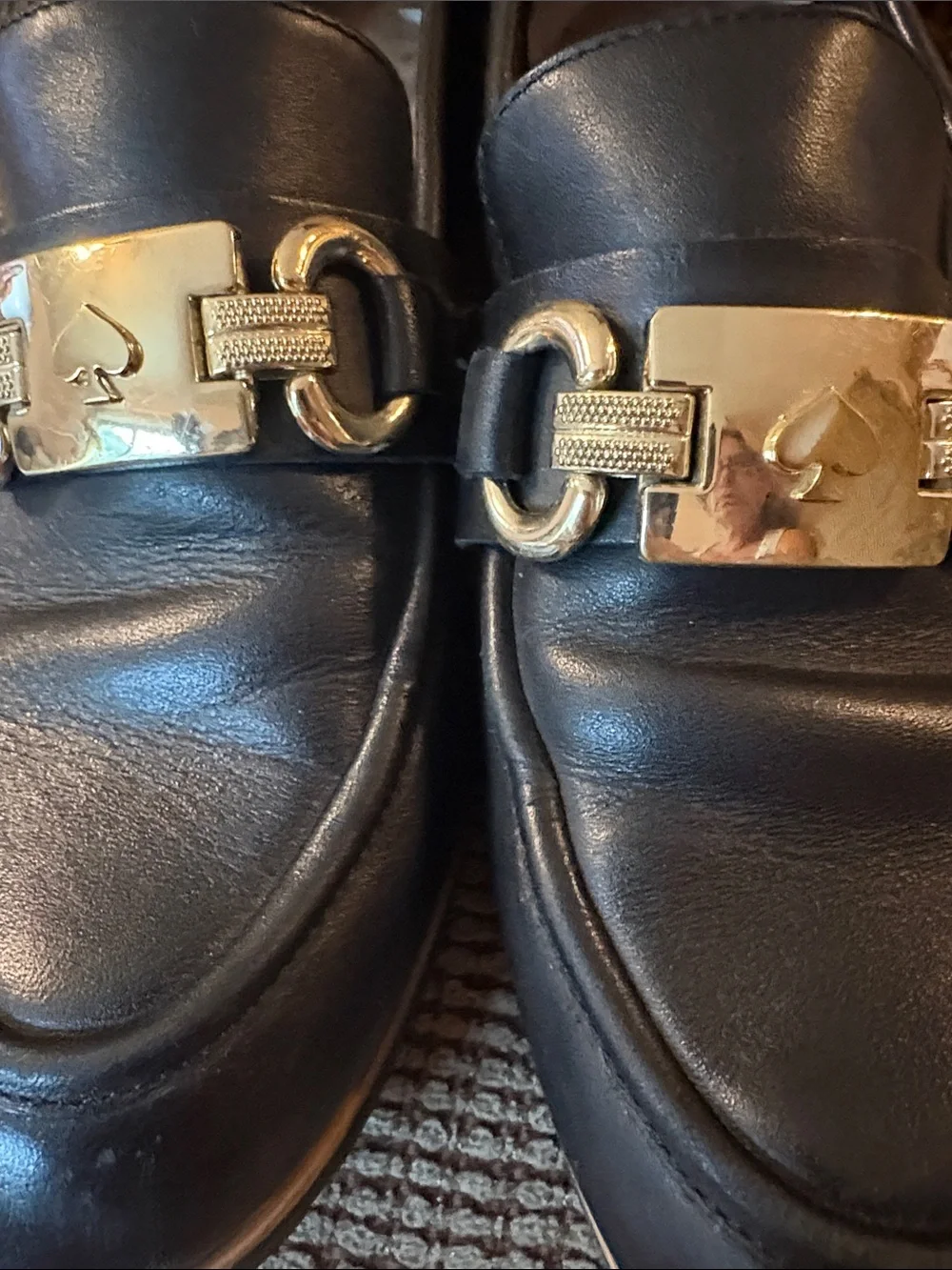 Kate Spade Black Leather Womans Slip-On Loafers with Gold Plate